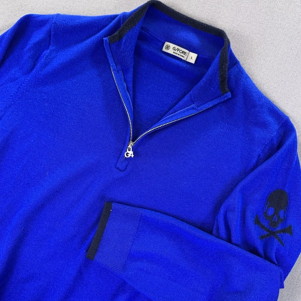 G/FORE Sweater Men LG Blue Wool 1/4 Zip Mock Neck Skull Graphic Golf Long Sleeve